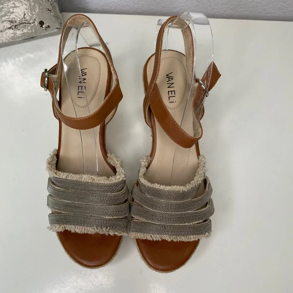 Vaneli Tan Leather‎ Espadrille Wedge Sandals Metallic Chain Straps Women 9M